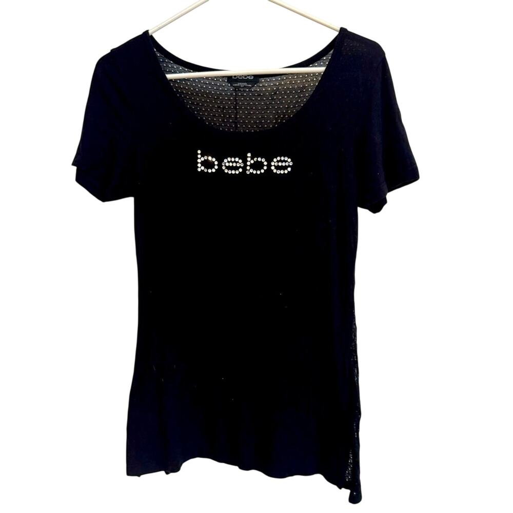 Y2K Bebe Women’s‎ Black Mesh Back Crystal Logo Short Sleeve T Shirt Size S Comfy